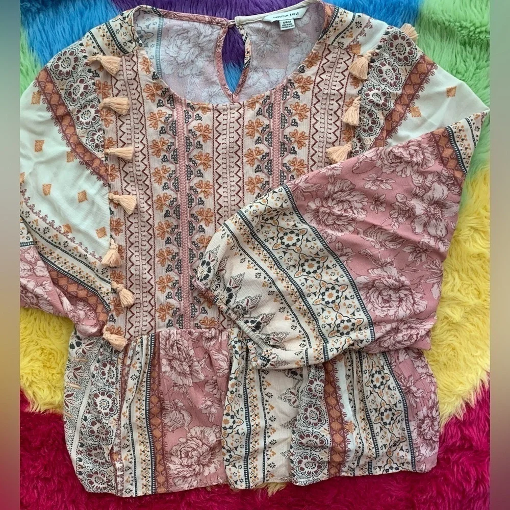 Excellent Condition, American Eagle Peasant Peplum Blouse w/Tassels, Size Small - Picture 2 of 8
